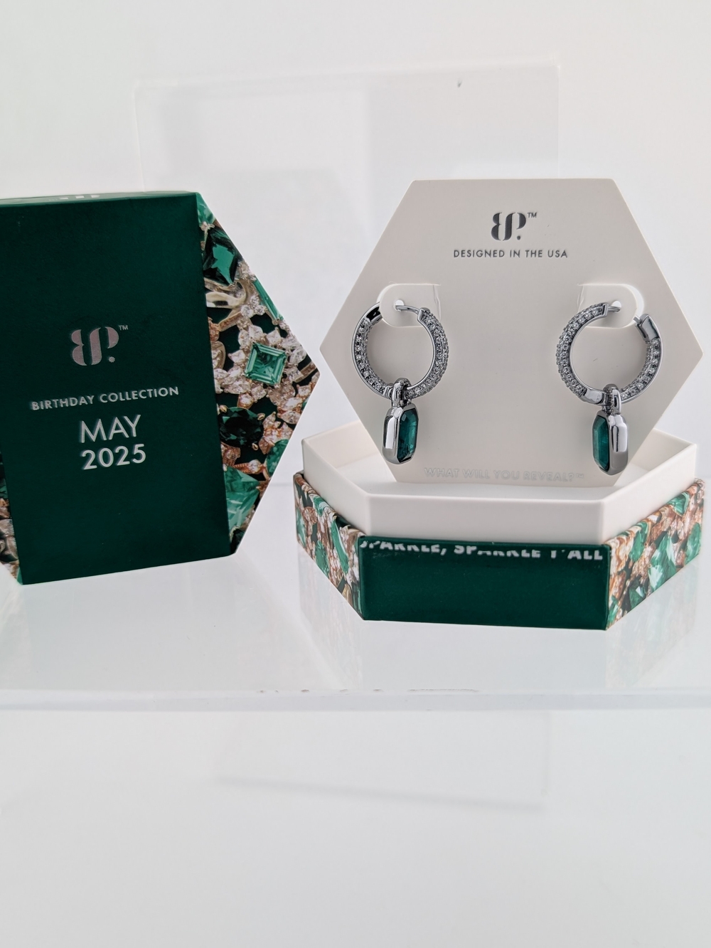 Sparkle 'N' Sparks May 2025 Emerald-Accent Hoop Earrings - Silver